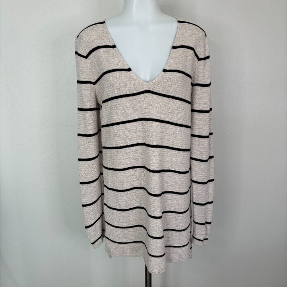 Old Navy Tunic Sweater Medium Beige‎ Black V-Neck Long Sleeve Pullover Women's